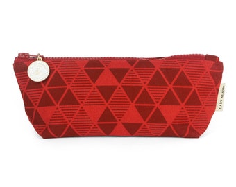 Pyramid Red Print Pencil Zipper Pouch With Water Repellent Lining. Washable Fabric Cosmetic Bag. Handmade in San Francisco USA