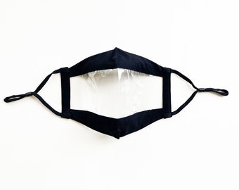 Adult Clear Transparent Window Face Mask with Adjustable Elastic Earloop in Black. Cotton Fabric and Vinyl. Handmade.