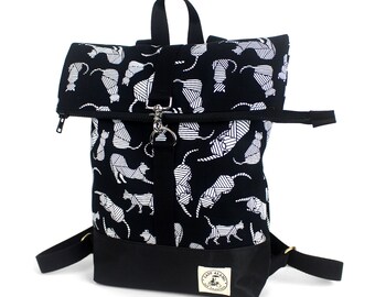 Cat Print Mini Fold over Backpack With Water Repellent Lining. Handmade in San Francisco USA. Original Fabric Print Washable.