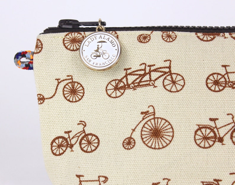 Zipper Pouch in Bike Sepia Print With Water Repellent Lining. Washable Fabric Cosmetic Bag. Handmade in San Francisco USA image 2