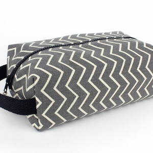 Toiletry Travel Bag in Gray Chevron Print With Water Repellent Lining. Handmade in California. Washable Denim Cosmetic Bag Dopp Kit..
