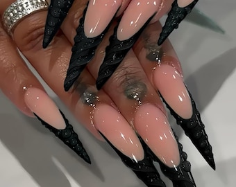 3D Water Droplet Black French Artificial Nails | Glossy Fake Nails for Women | Cute Acrylic Press Ons