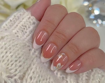 White French Tip Press On Nails, Cute Flower Bow Fake Nails, Summer Floral Stick On, Acrylic Glue On Nails, Handmade False Nails