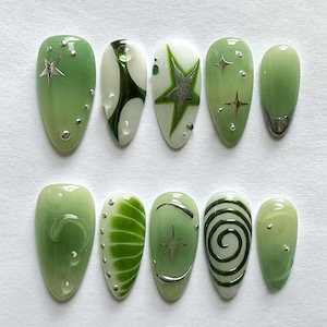 Green French Tip Press On Nails, 3D Silver Star Fake Nails, Green Thread Reusable Acrylic Stick On, False Nail Kit For Women