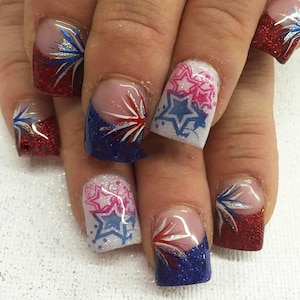 4th of July Press On Nails, Red Blue French Tip Fake Nails, Fireworks Glitter Stick On, USA Independence Day Star False Nails