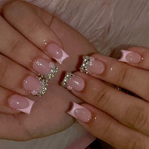 Pink French Tip Press On Nails, 3D Flower Rhinestone Fake Nails, Silver Glitter Glossy Stick On, Glue On False Nails Kit