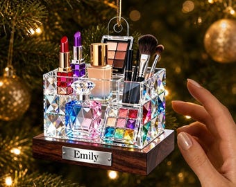 Adorno de maquillaje personalizado, adorno navideño de cosméticos, decoración navideña personalizada para el árbol de Navidad con brochas de belleza, regalo especial para amantes del maquillaje.