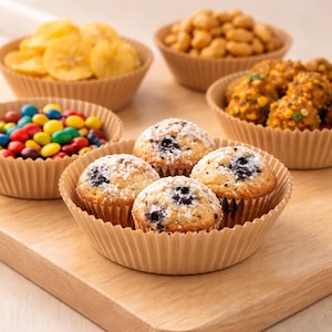 May include: A wooden cutting board holds a variety of snacks in brown paper cups. The snacks include blueberry muffins dusted with powdered sugar, colorful candies, banana chips, and nuts. The image is well-lit and shows a close-up of the food.