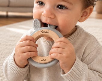 Custom Name Baby Teether,Personalized Wooden Teething Ring,Silicone Infant Chew Toy,Engraved Newborn Gift,First Birthday Gift