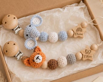 Handmade Crochet Animal Pacifier Clip, Custom Name Pacifier Holder, Personalized Baby Pacifier Chain, Wooden Bead Soother Clip, Newborn Gift