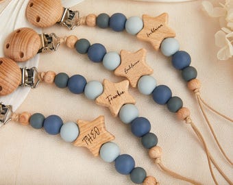 Personalized Pacifier Clip with Flower, Custom Dummy Holder, Dummy Clip, Silicone/Wooden Name, Soother Clip, Pacifier Chain for Newborn Gift