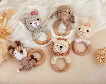 Custom Baby Rattle With Name, Crochet Animal Teether, Wooden Ring Teething Toy, Personalized Newborn Gift, Baby Shower Gift, Handmade Toy