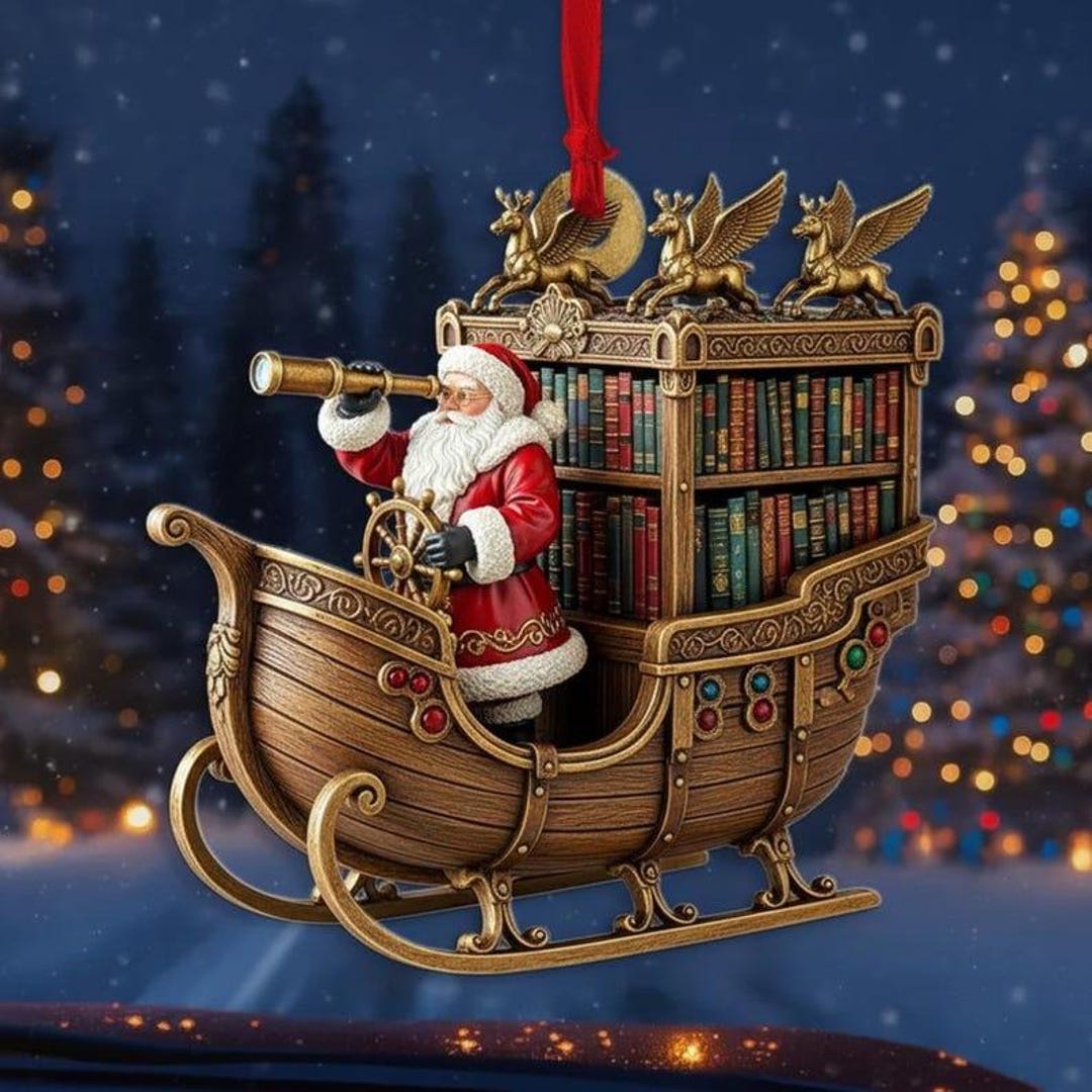 Bauble Stack Santa's Sleigh Bookshelf Christmas Ornament, Vintage Book Stack Light ...