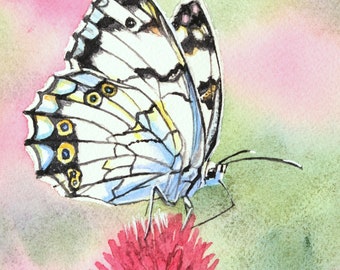 White Butterfly on Thistle Flower Original Watercolor Painting Rich Painterly Art Matted Ready to be Framed Handmade By Kim Stenberg