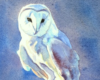 Barn Owl in Mysterious Blue Light Original Watercolor Painting Rich Painterly Art Matted Ready to be Framed Handmade By Kim Stenberg