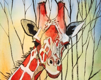 Red Giraffe Abstract Background Original Watercolor Painting Contemporary Graphic Fun Wildlife Animal Art Handmade By Kim Stenberg