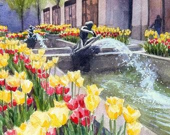 On Sale Rockefeller Center Channel Gardens Fountains New York City Original Watercolor Painting Impressionist Art Handmade By Kim Stenberg