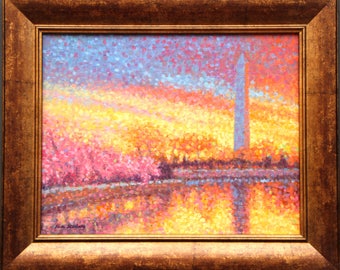 Washington Monument Cherry Blossom Sunset Original Oil Painting Pointillist Cityscape Art Framed Ready to Hang Handmade By Kim Stenberg