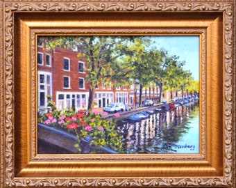 Amsterdam Jordaan District Canal Geraniums Original Oil Cityscape Painting Rich Painterly Framed Ready to Hang Art Handmade By Kim Stenberg