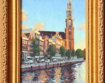 On Sale Amsterdam Westerkerk Bell Tower Canal Original Oil Painting Painterly Miniature Art Framed Ready to Hang Handmade By Kim Stenberg