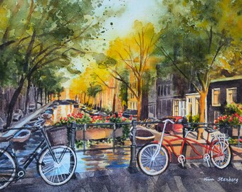 On Sale Amsterdam Landmark Jordaan Neighborhood Summer Bicycle Canal Original Watercolor Painting Impressionist Art Handmade By Kim Stenberg