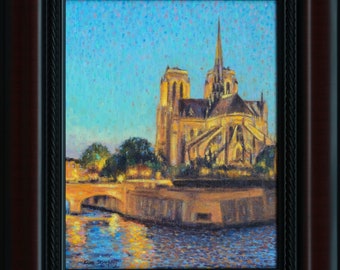 Paris Notre Dame Cathedral Nocturne Original Oil Painting Rich Impressionist Cityscape Art Framed Ready to Hang Handmade By Kim Stenberg