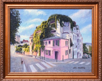 Montmartre La Maison Rose Restaurant Paris Original Oil Painting Impressionist Cityscape Art Framed Ready to Hang Handmade By Kim Stenberg