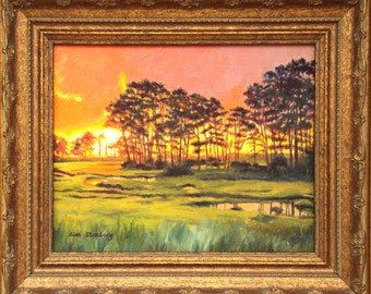 Assateague Island Sunset Virginia Eastern Shore Original Oil Painting Painterly Impressionist Art Framed Ready to Hang Handmade Kim Stenberg