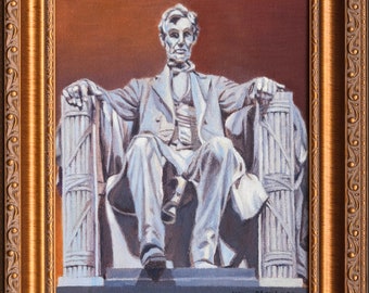 Abraham Lincoln Statue Lincoln Memorial Washington DC Landmark Original Oil Painting Framed Ready to Hang Art Handmade By Kim Stenberg