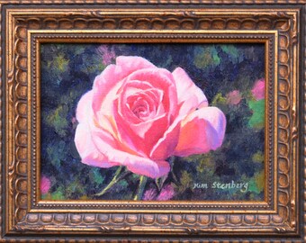 Pink Rose Flower Garden Original Oil Painting Rich Painterly Impressionist Floral Art Framed Ready to Hang Handmade By Kim Stenberg