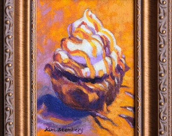 Chocolate Cupcake Caramel Whimsical Pastry Dessert Miniature Art Original Oil Painting Framed Ready to Hang Art Handmade By Kim Stenberg