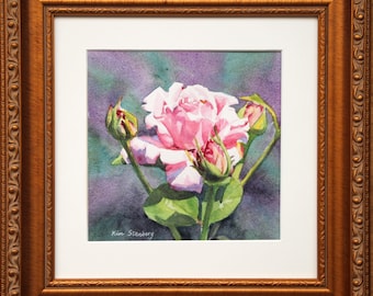 Pale Pink Rose Garden Flower Painting Original Watercolor Framed Ready to Hang Floral Art French Country Home Decor Handmade By Kim Stenberg