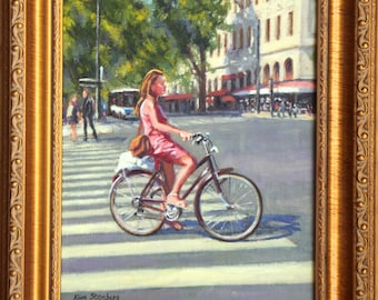 Parisienne on Bicycle Paris Young Woman Cityscape Original Oil Painting Impressionist Art Framed Ready to Hang Handmade By Kim Stenberg