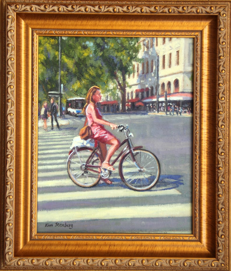 Parisienne on Bicycle Paris Young Woman Cityscape Original Oil Painting Impressionist Art Framed Ready to Hang Handmade By Kim Stenberg image 1