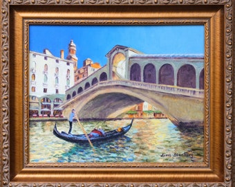 Venice Rialto Bridge Grand Canal Gondola Original Oil Painting Impressionist Cityscape Art Framed Ready to Hang Handmade By Kim Stenberg