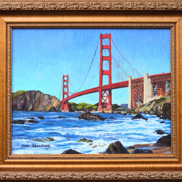 Golden Gate Bridge Baker Beach San Francisco Original Oil Painting Rich Painterly Art Framed Ready to Hang Handmade by Kim Stenberg