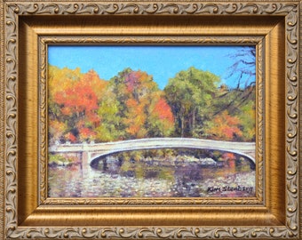 Central Park Bow Bridge Autumn New York City Original Oil Painting Rich Painterly Cityscape Framed Ready to Hang Handmade By Kim Stenberg