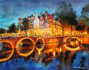 On Sale Amsterdam Jordaan District Canal Nocturne Netherlands Original Watercolor Painting Rich Impressionist Art Handmade By Kim Stenberg