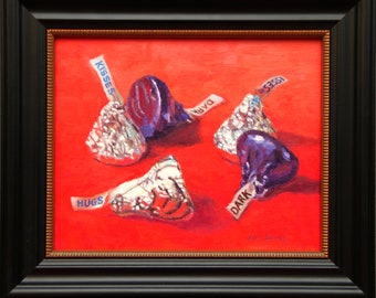 Hersheys Kisses Chocolate Candy Original Oil Painting Whimsical Food Still Life Framed Ready to Hang Art Handmade By Kim Stenberg