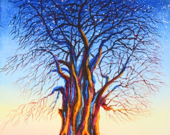 Baobab Tree of Life African Savannah Sunset Stars Original Watercolor Painting Rich Painterly Impressionist Art Handmade By Kim Stenberg