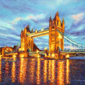 On Sale Tower Bridge Thames River Nocturne London Landmark Original Oil Painting Impressionist Art Ready to Hang Handmade By Kim Stenberg