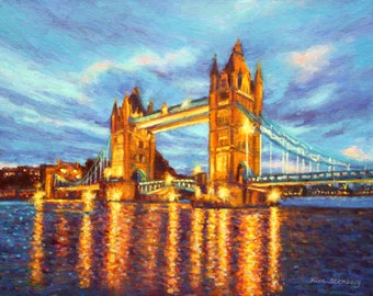 On Sale Tower Bridge Thames River Nocturne London Landmark Original Oil Painting Impressionist Art Ready to Hang Handmade By Kim Stenberg