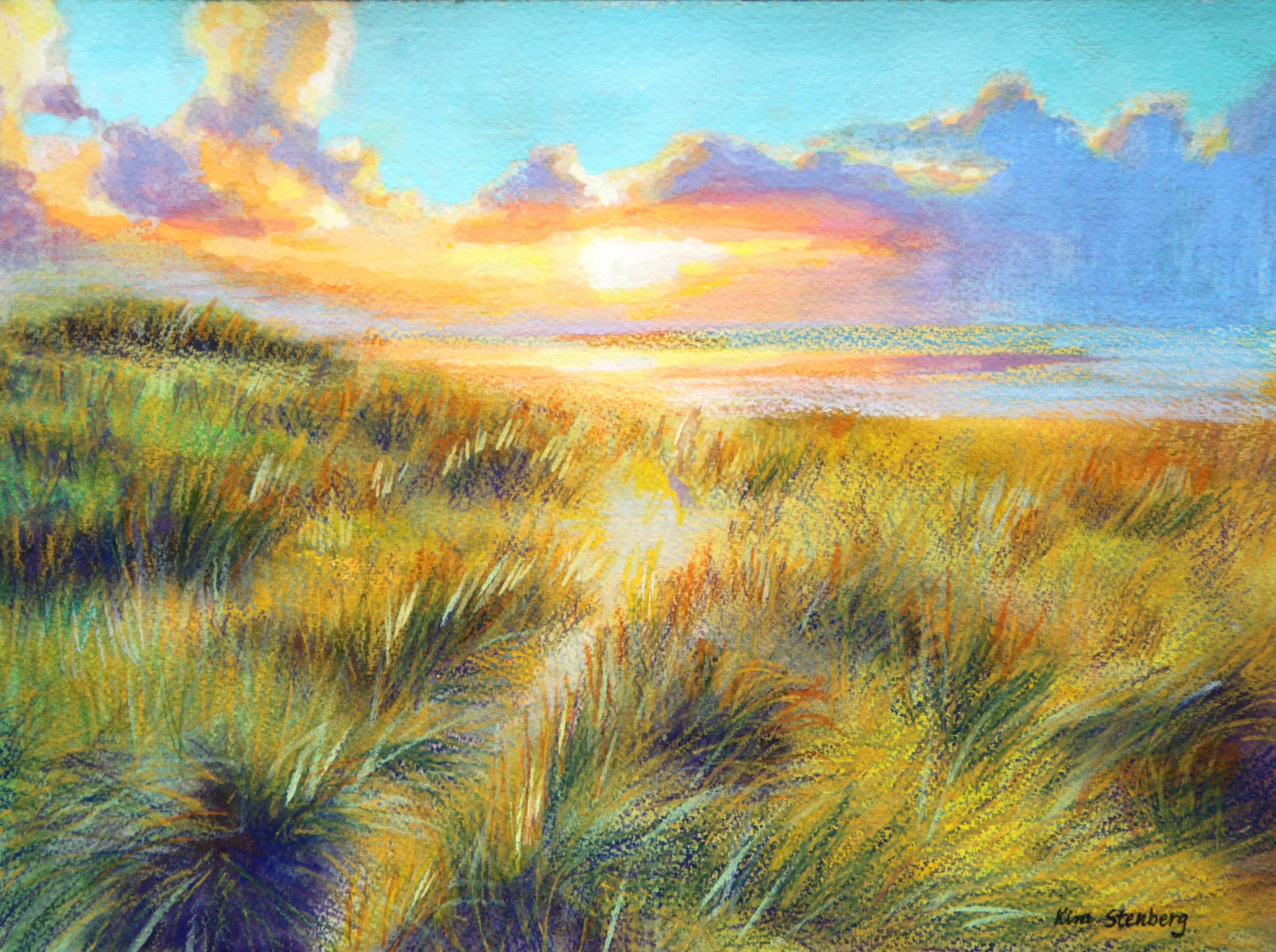 Sunset Beach Sand Seagrass Cloud Painting Original Mixed Media Etsy