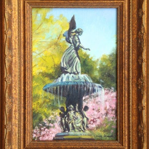 Bethesda Fountain Angel Oil Painting, Central Park Spring Impressionist Art (Framed)