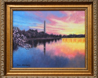 Tidal Basin Washington Monument Cherry Blossoms DC Landmark Original Oil Painting Framed Rich Impressionist Art Handmade By Kim Stenberg