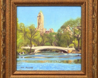 Central Park Lake Bow Bridge New York City Manhattan Skyline Original Oil Painting Impressionist Art Framed Handmade By Kim Stenberg