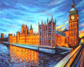 On Sale Big Ben Palace of Westminster Houses of Parliament London Nocturne Thames River Original Oil Painting Handmade Art By Kim Stenberg