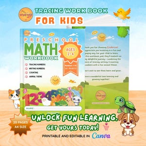 以下が含まれることがあります： 2～4歳向けの、なぞり書き、書き取り、計算の練習ができる、カラフルな未就学児向け算数ワークブック。表紙には「Preschool Math Workbook」の文字と太陽のイラスト、動物のイラストが描かれています。20ページ、A4サイズ。
