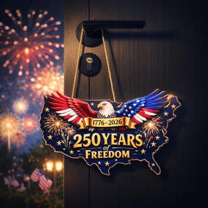 Personalized 250 Years of Freedom Door Hanger, 1776–2026 Patriotic USA Map Sign, Independence Day Decor, American Eagle Wall Decor