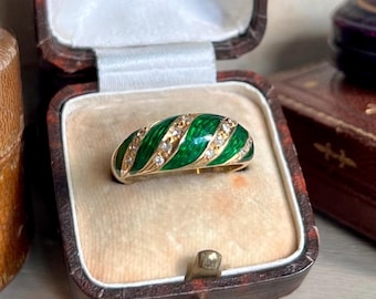 Pierścionek z emalii 18-karatowej i diamentów w stylu vintage • Pierścionek retro Bombe • Emalia w stylu giloszowym • Żółte złoto, lata 70. XX wieku